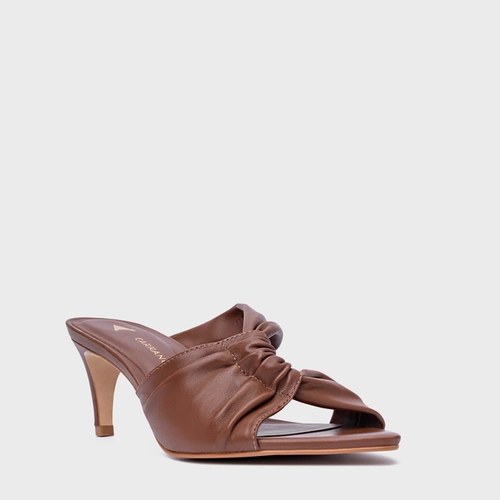 Open Mule Maxi Twisted Salto Fino Couro Marrom Walnut