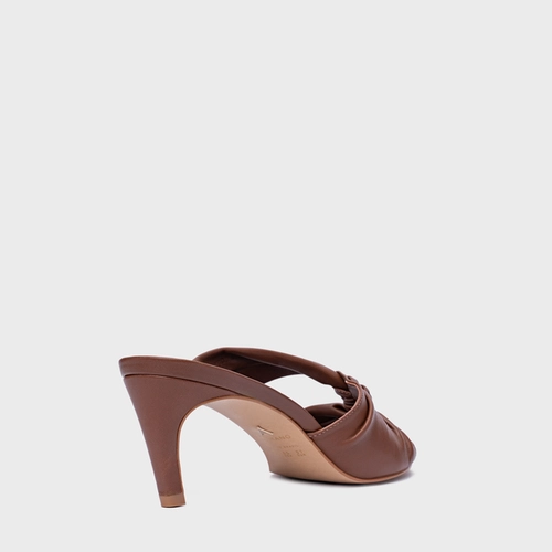 Open Mule Maxi Twisted Salto Fino Couro Marrom Walnut