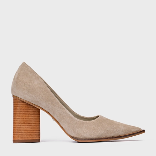 Scarpin Olga Salto Oval Couro Suede Bege Oatmeal