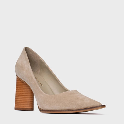 Scarpin Olga Salto Oval Couro Suede Bege Oatmeal