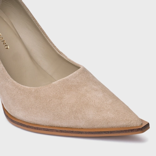 Scarpin Olga Salto Oval Couro Suede Bege Oatmeal