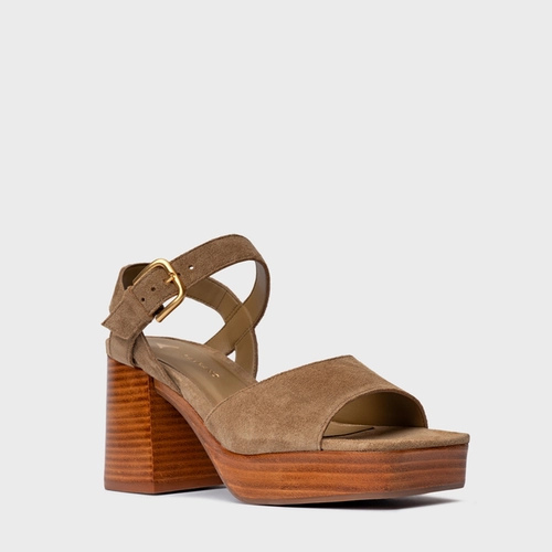 Sandália Plataforma Simple Couro Suede Bege Almond