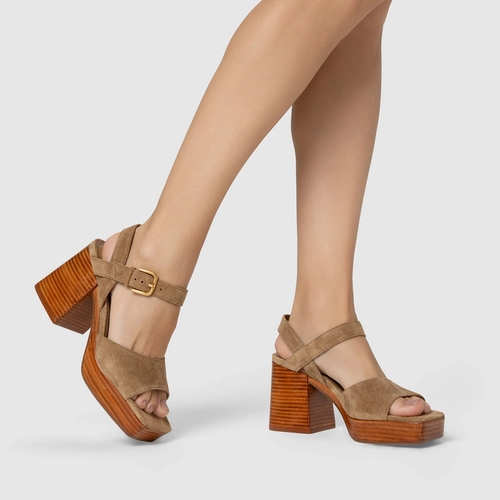 Sandália Plataforma Simple Couro Suede Bege Almond