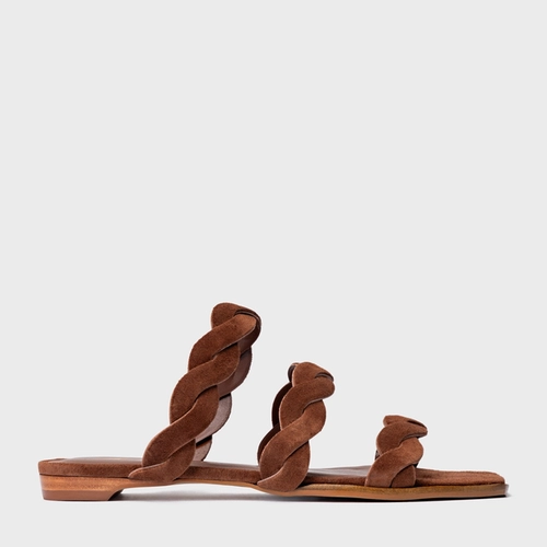 Rasteira Braid Couro Suede Marrom Walnut