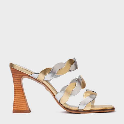Open Mule Braid Salto Wave Couro Metalizado Dourado e Prata