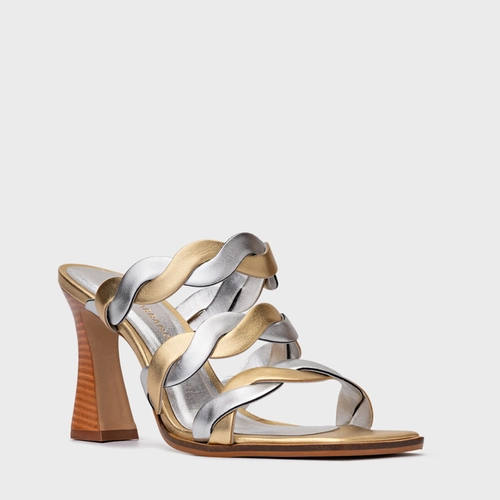 Open Mule Braid Salto Wave Couro Metalizado Dourado e Prata