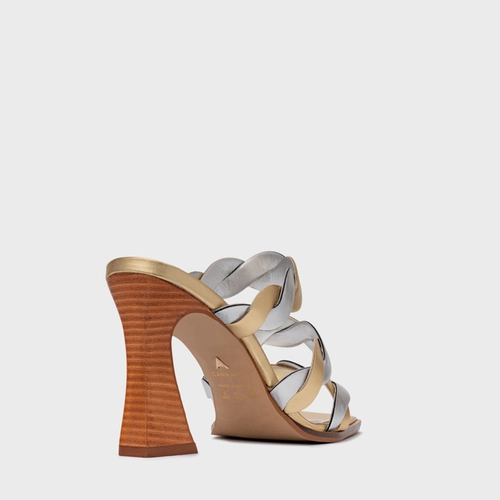 Open Mule Braid Salto Wave Couro Metalizado Dourado e Prata