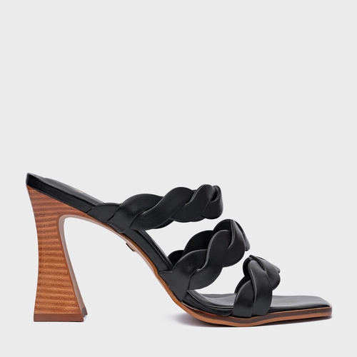 Open Mule Braid Salto Wave Couro Preto