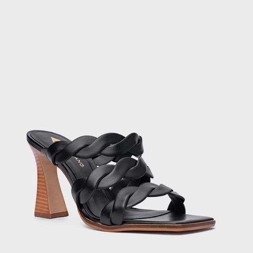 Open Mule Braid Salto Wave Couro Preto