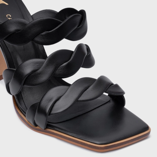 Open Mule Braid Salto Wave Couro Preto