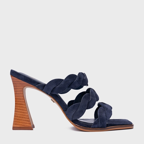 Open Mule Braid Salto Wave Couro Suede Azul Navy