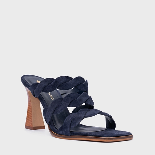Open Mule Braid Salto Wave Couro Suede Azul Navy