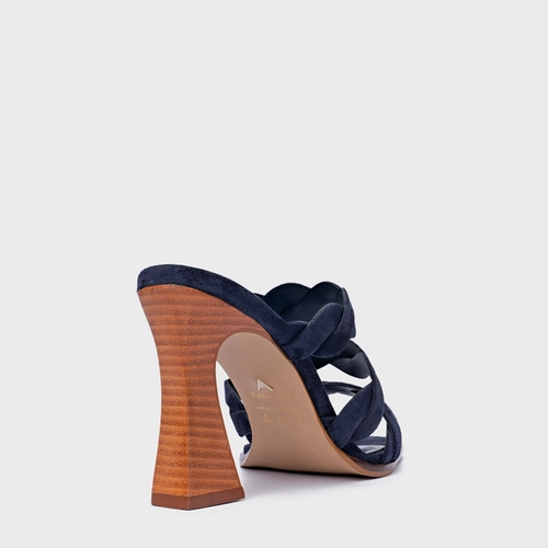 Open Mule Braid Salto Wave Couro Suede Azul Navy