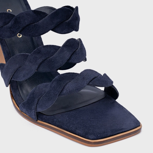 Open Mule Braid Salto Wave Couro Suede Azul Navy