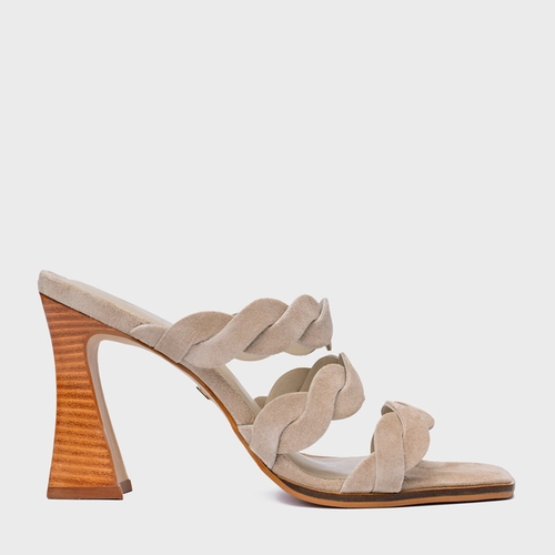 Open Mule Braid Salto Wave Couro Suede Bege Oatmeal