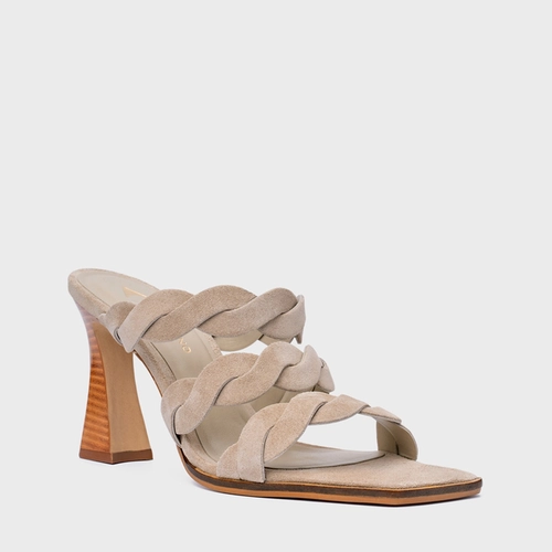 Open Mule Braid Salto Wave Couro Suede Bege Oatmeal