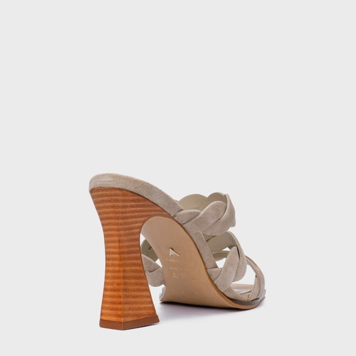 Open Mule Braid Salto Wave Couro Suede Bege Oatmeal