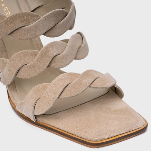 Open Mule Braid Salto Wave Couro Suede Bege Oatmeal