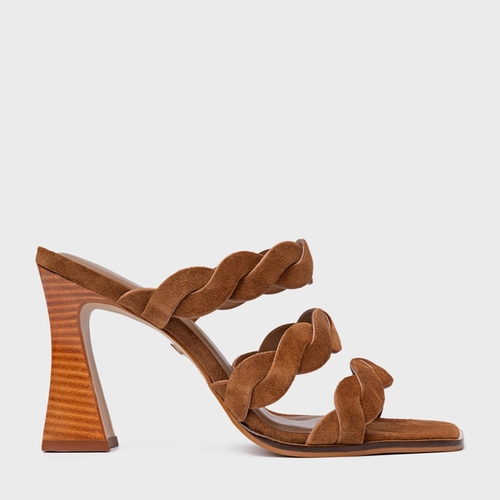 Open Mule Braid Salto Wave Couro Suede Marrom Saddle