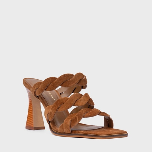 Open Mule Braid Salto Wave Couro Suede Marrom Saddle