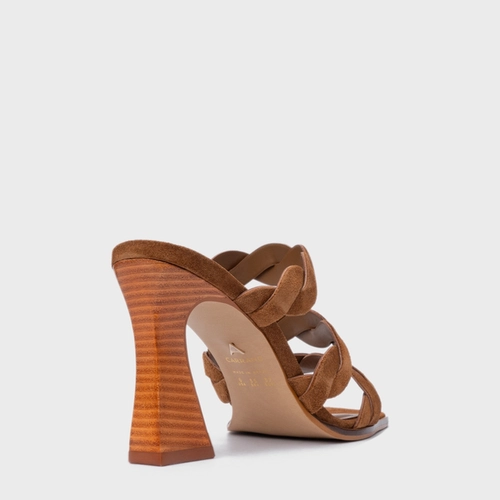 Open Mule Braid Salto Wave Couro Suede Marrom Saddle