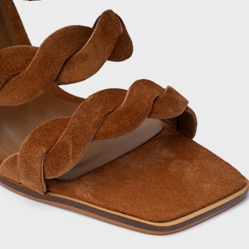 Open Mule Braid Salto Wave Couro Suede Marrom Saddle