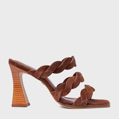 Open Mule Braid Salto Wave Couro Suede Marrom Walnut