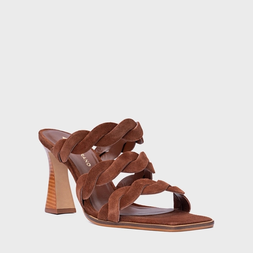 Open Mule Braid Salto Wave Couro Suede Marrom Walnut