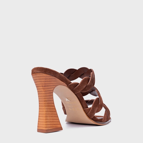 Open Mule Braid Salto Wave Couro Suede Marrom Walnut
