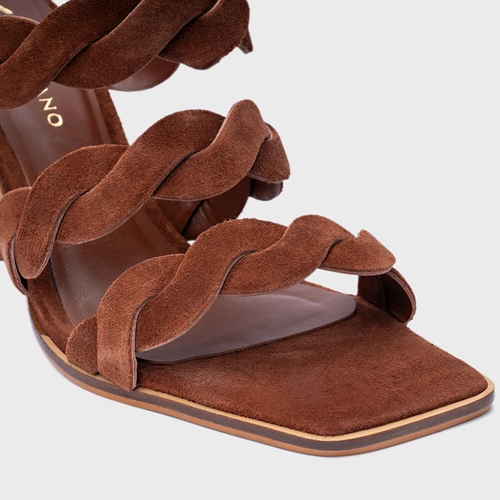 Open Mule Braid Salto Wave Couro Suede Marrom Walnut