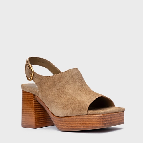 Sandália Plataforma Simple Bold Couro Suede Bege Almond