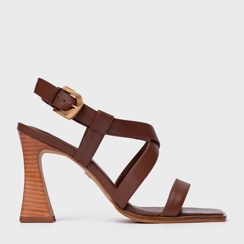 Sandália Tiras Salto Wave Couro Marrom Walnut