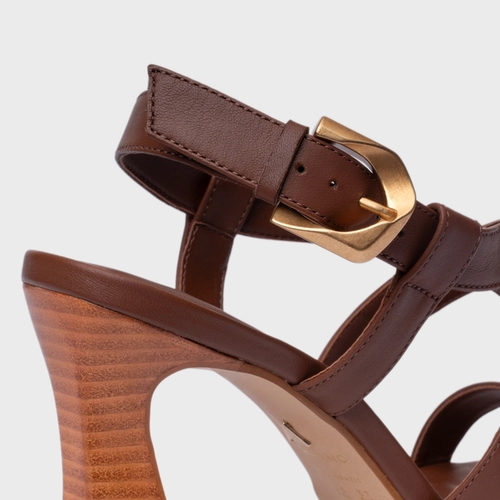 Sandália Tiras Salto Wave Couro Marrom Walnut