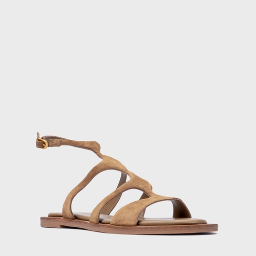 Sandália Rasteira Triple Tiras Couro Suede Bege Almond