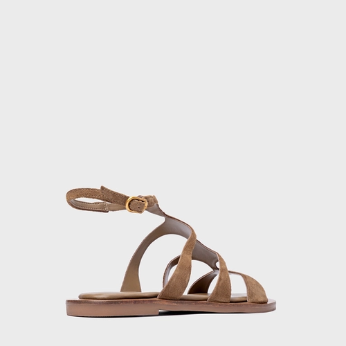 Sandália Rasteira Triple Tiras Couro Suede Bege Almond