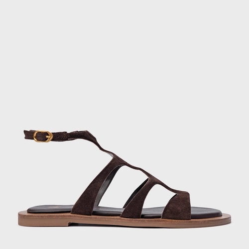 Sandália Rasteira Triple Tiras Couro Suede Marrom Ganache