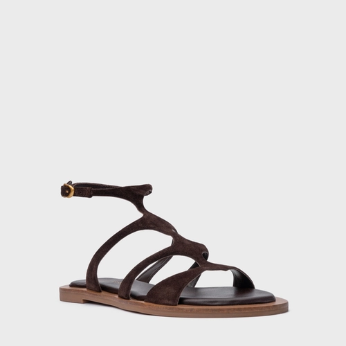 Sandália Rasteira Triple Tiras Couro Suede Marrom Ganache