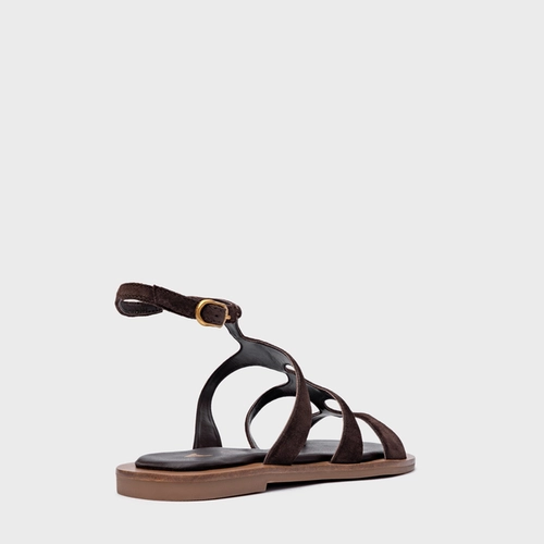 Sandália Rasteira Triple Tiras Couro Suede Marrom Ganache