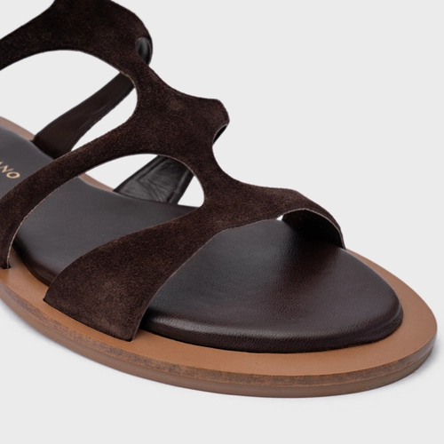 Sandália Rasteira Triple Tiras Couro Suede Marrom Ganache
