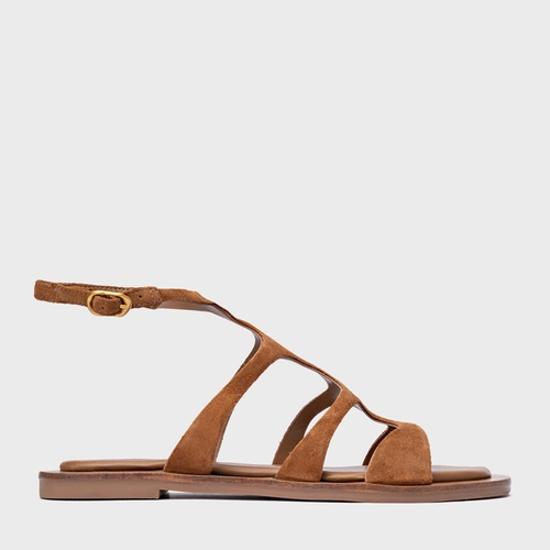 Sandália Rasteira Triple Tiras Couro Suede Marrom Saddle