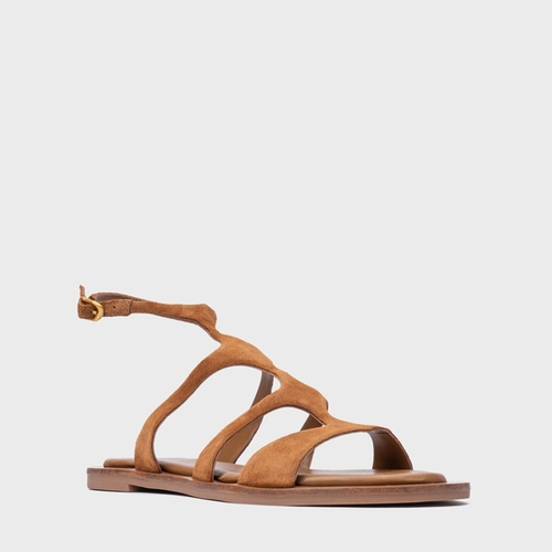 Sandália Rasteira Triple Tiras Couro Suede Marrom Saddle