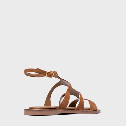 Sandália Rasteira Triple Tiras Couro Suede Marrom Saddle