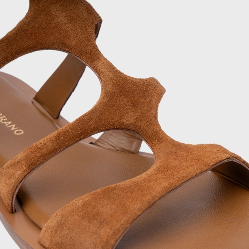 Sandália Rasteira Triple Tiras Couro Suede Marrom Saddle