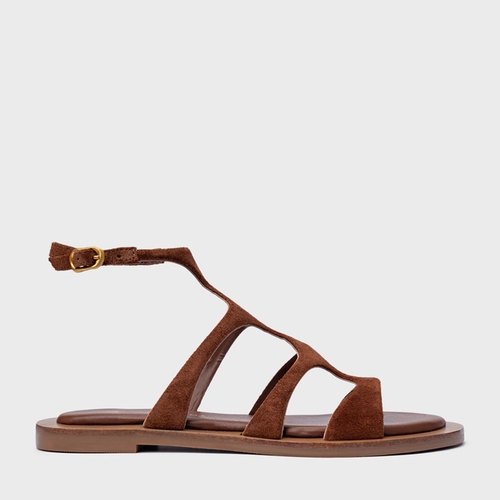 Sandália Rasteira Triple Tiras Couro Suede Marrom Walnut