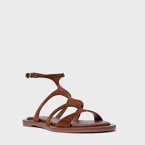 Sandália Rasteira Triple Tiras Couro Suede Marrom Walnut