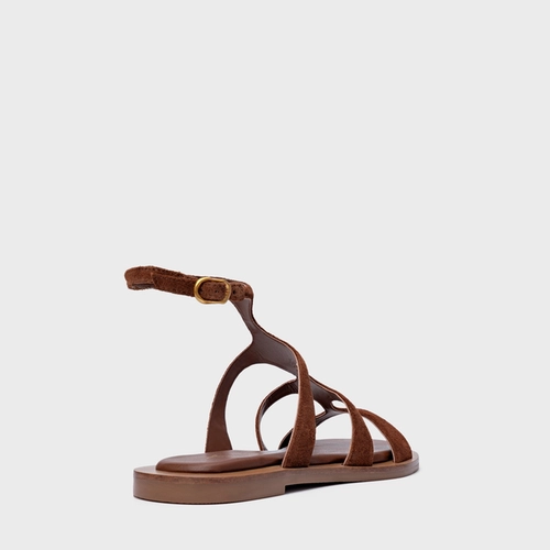 Sandália Rasteira Triple Tiras Couro Suede Marrom Walnut
