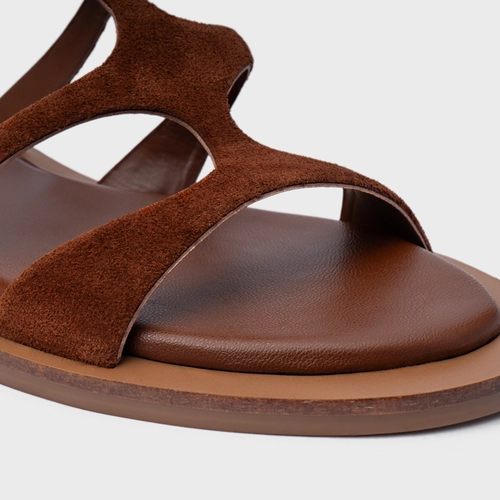 Sandália Rasteira Triple Tiras Couro Suede Marrom Walnut
