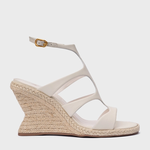 Sandália Triple Tiras Salto Anabela Palha Couro Off White Vanilla