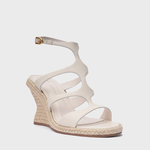 Sandália Triple Tiras Salto Anabela Palha Couro Off White Vanilla
