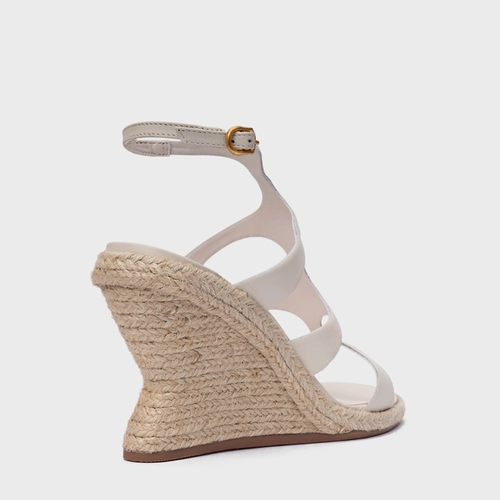 Sandália Triple Tiras Salto Anabela Palha Couro Off White Vanilla